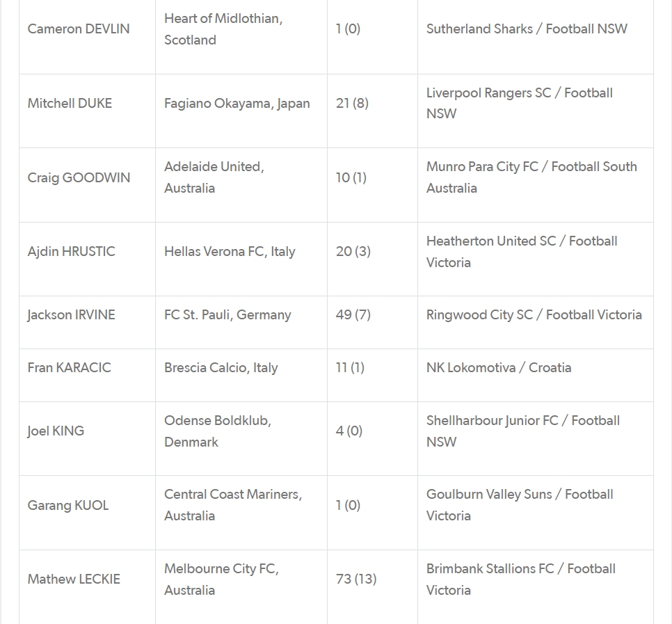 澳大利亚公布世界杯26人名单 战法国丹麦突尼斯