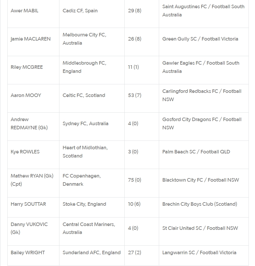 澳大利亚公布世界杯26人名单 战法国丹麦突尼斯