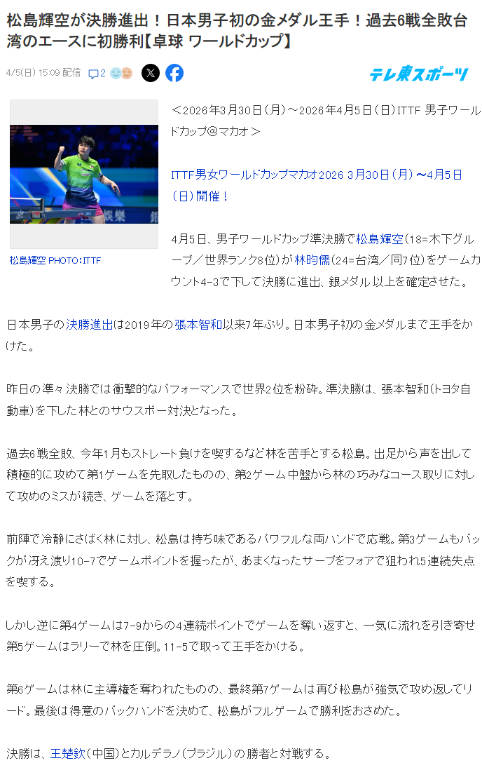 18岁松岛辉空爆冷淘汰林昀儒首进世界杯决赛